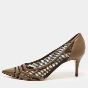 Pre Owned Jimmy Choo Olive Green Leather and Mesh Pointed Toe Pumps Size 37