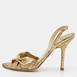 Pre Owned Jimmy Choo Gold Laminated Suede Slingback Sandals Size 37