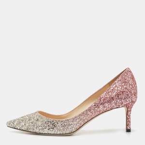 Pre Owned Jimmy Choo Pink/Silver Coarse Glitter Romy Pointed Toe Pumps Size 39.5