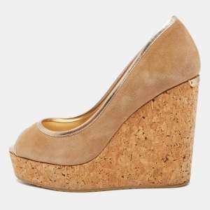 Pre Owned Jimmy Choo Brown Suede Papina Cork Wedge Platform Peep Toe Pumps Size 37.5