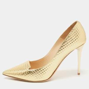 Pre Owned Jimmy Choo Gold Patent Leather Pointed Toe Pumps Size 39.5