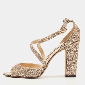 Pre Owned Jimmy Choo Gold Coarse Glitter Carrie Sandals Size 41