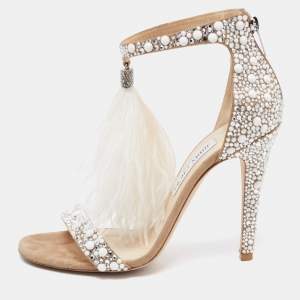 Pre Owned Jimmy Choo Beige Crystal Embellished Suede and Feather Tassel Viola Sandals Size 39.5
