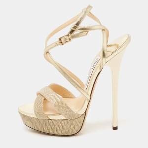Pre Owned Jimmy Choo Gold Lurex Fabric and Leather Liddie Sandals Size 37
