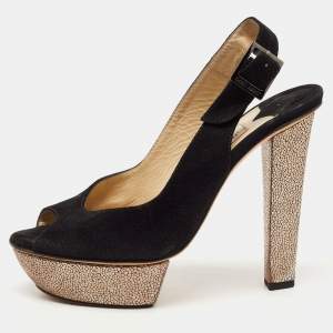 Pre Owned Jimmy Choo Black Suede Peep Toe Platform Slingback Pumps Size 37