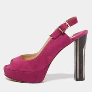 Jimmy Choo Pink Suede Platform Peep Toe Slingback Sandals Size 38.5