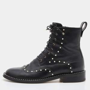 Pre Owned Jimmy Choo Black Leather Studded Ankle Boots Size 38