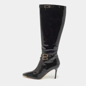 Pre Owned Jimmy Choo Black Patent Leather Sheila Buckle Detail Knee Length Boots Size 38.5