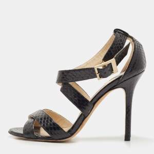 Pre Owned Jimmy Choo Black Python Leather Lottie Cross Strap Sandals Size 37