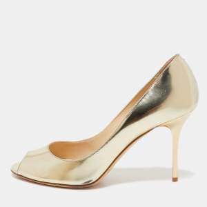 Pre Owned Jimmy Choo Gold Leather Evelyn Peep Toe Pumps Size 38.5