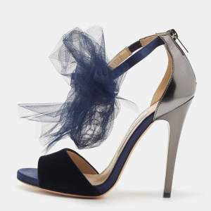 Jimmy Choo Navy Blue/Grey Velvet and Leather Lilyth Bow Ankle Strap Sandals Size 37.5
