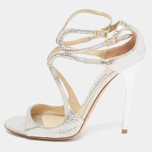 Pre Owned Jimmy Choo Silver Foil Leather Lang Strappy Sandals Size 37.5