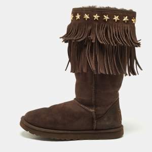 Pre Owned Jimmy Choo x Uggs Brown Studded Suede Fringe Snow Boots Size 38