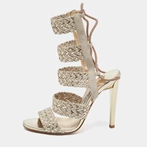 Pre Owned Jimmy Choo Grey/Gold Braided Leather and Suede  Lima Gladiator Sandals Size 36
