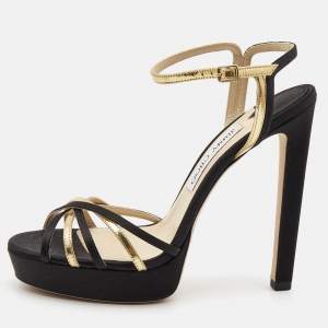 Jimmy Choo Black/Gold Leather and Satin Ankle Strap Platform Sandals Size 39