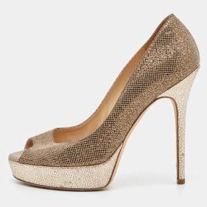 Jimmy Choo Gold Glitter Lamè Fabric Dahlia Platform Peep Toe Pumps Size 37.5