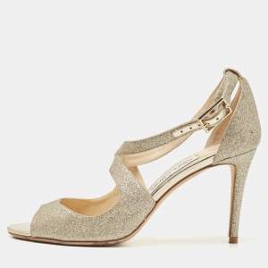 Pre Owned Jimmy Choo Gold Glitter Emily Cross Strap Sandals Size 38