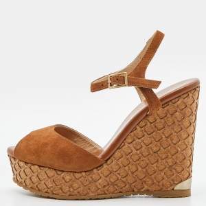 Pre Owned Jimmy Choo Brown Suede Cork Wedge Ankle Strap Sandals Size 36