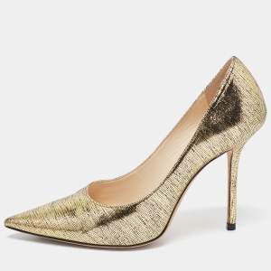 Pre Owned Jimmy Choo Gold Laminated Suede Love Pumps Size 38.5