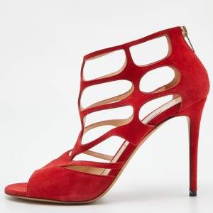 Pre Owned Jimmy Choo Red Suede Ren Cut Out Peep Toe Sandals Size 42