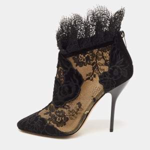 Pre Owned Jimmy Choo Black Lace and Floral Embroidered Suede Kamaris Ankle Booties Size 37