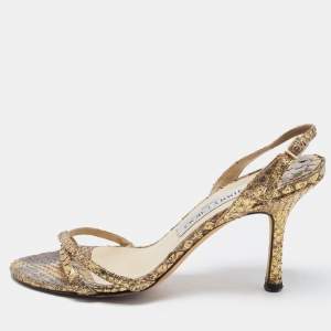 Pre Owned Jimmy Choo Gold Python Embossed Leather Slingback Sandals Size 36