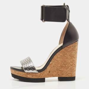 Jimmy Choo Black/Silver Leather Neston Wedge Sandals Size 37
