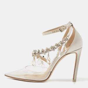 Pre Owned Off-White x Jimmy Choo White/Transparent Satin and PVC Victoria Crystal Embellished Pumps Size 36.5
