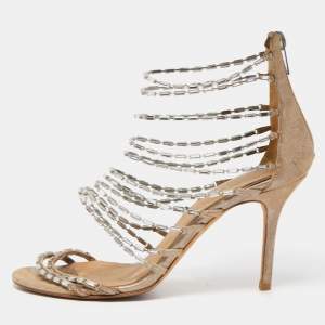 Jimmy Choo Silver Texure Suede Crystal Embellished Strappy Sandals Size 38