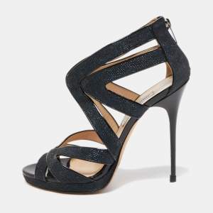 Jimmy Choo Navy Blue /Black Glitter and Patent Leather Strappy Ankle Sandals Size 40