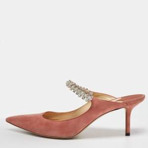 Pre Owned Jimmy Choo Pink Suede Crystal Embellished Bing Slides Size 39