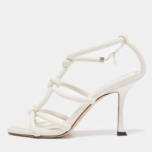 Jimmy Choo White Leather Knot Detail Bay Ankle Strap Sandal Size 38.5