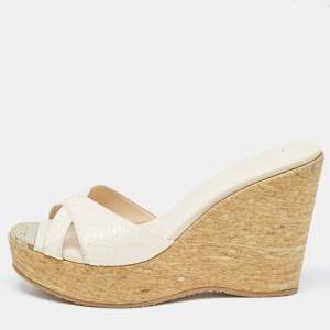 Pre Owned Jimmy Choo White Python Leather Prima Wedge Platform Sandals Size 38.5