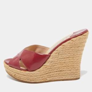 Pre Owned Jimmy Choo Burgundy Patent Phyllis Wedge  Sandals Size 39