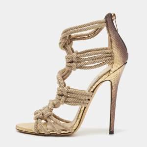 Jimmy Choo Beige/Gold Knotted Rope and Embossed Snakeskin Sandals Size 39