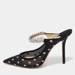 Jimmy Choo Black Mesh and Suede Bing Crystal Embellished Pointed Toe Mules Size 37.5
