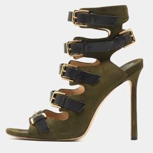 Pre Owned Jimmy Choo Green/Black Suede and Leather Buckle Strappy  Sandals Size 38 
