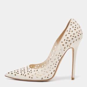 Pre Owned Jimmy Choo Cream Laser Cut Leather Romy Pumps Size 39.5