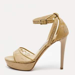 Jimmy Choo Beige Lace and Patent Kayden Ankle Strap Sandals Size 37