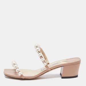 Jimmy Choo Beige Leather Amara Slide Sandals Size 34