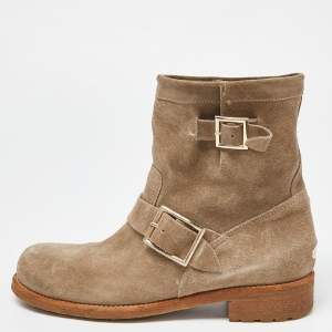 Pre Owned Jimmy Choo Beige Nubuck Youth Buckle Detail Biker Ankle Length Boots Size 38.5