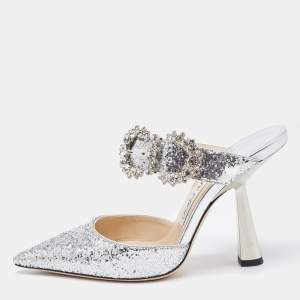 Jimmy Choo Silver Coarse Glitter Smokey Mules Size 36