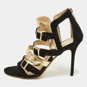 Jimmy Choo Black/Gold Suede and Patent Leather Booster Gladiator Sandals Size 38.5