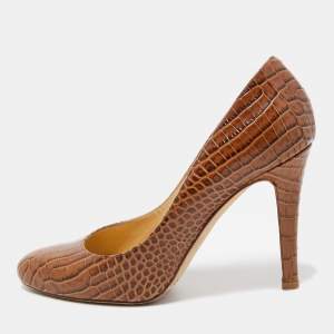 Jimmy Choo Brown Crocodile Leather Round Top Pumps Size 37