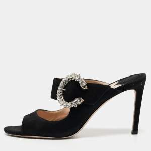 Pre Owned Jimmy Choo Black Suede Saf Crystal Embellished Buckle Slide Sandals Size 39.5