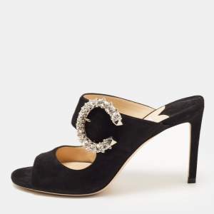 Pre Owned Jimmy Choo Black Suede Crystal Embellished Mules Size 37