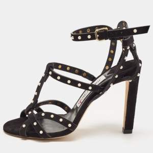 Jimmy Choo Black Suede Faux Pearl Studded Beverly Ankle Strap Sandals Size 35