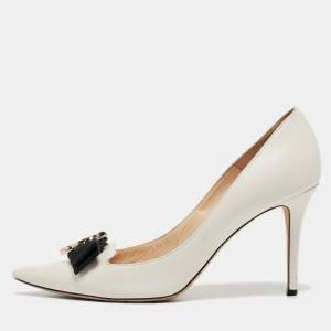 Pre Owned Jimmy Choo White Leather Bow Pointed Toe Pumps Size 39