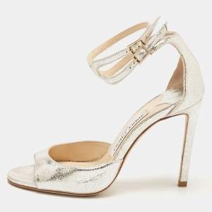 Pre Owned Jimmy Choo Silver Crackled Patent Leather Lane Sandals Size 35