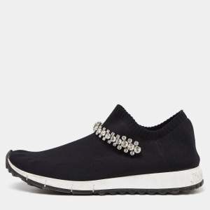 Pre Owned Jimmy Choo Black Knit Fabric Crystal Embellished Verona Sneakers Size 38